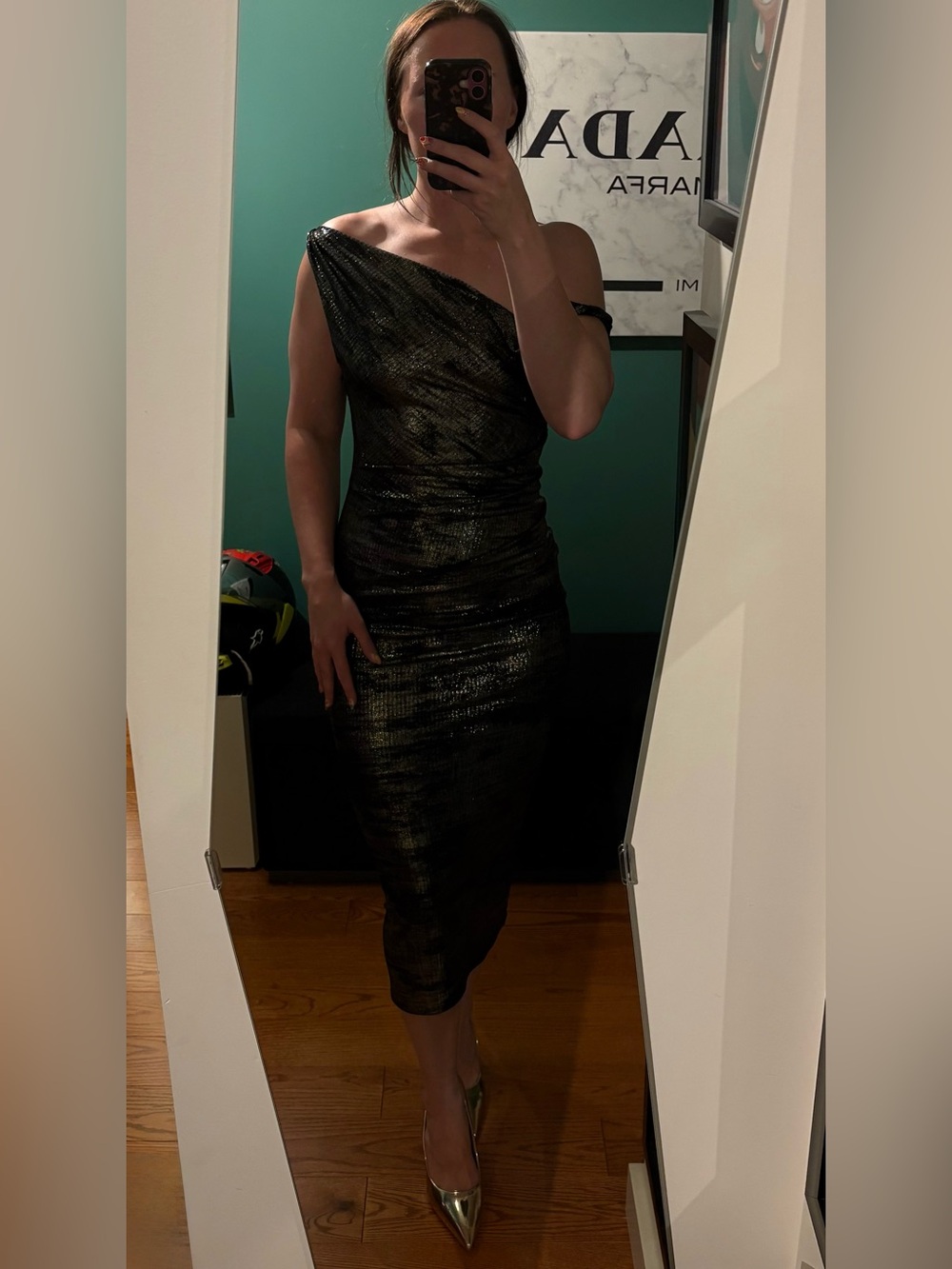 Preowned Lulus Koralee Black and Gold Lurex Ribbed Asymmetrical MIDI Dress med